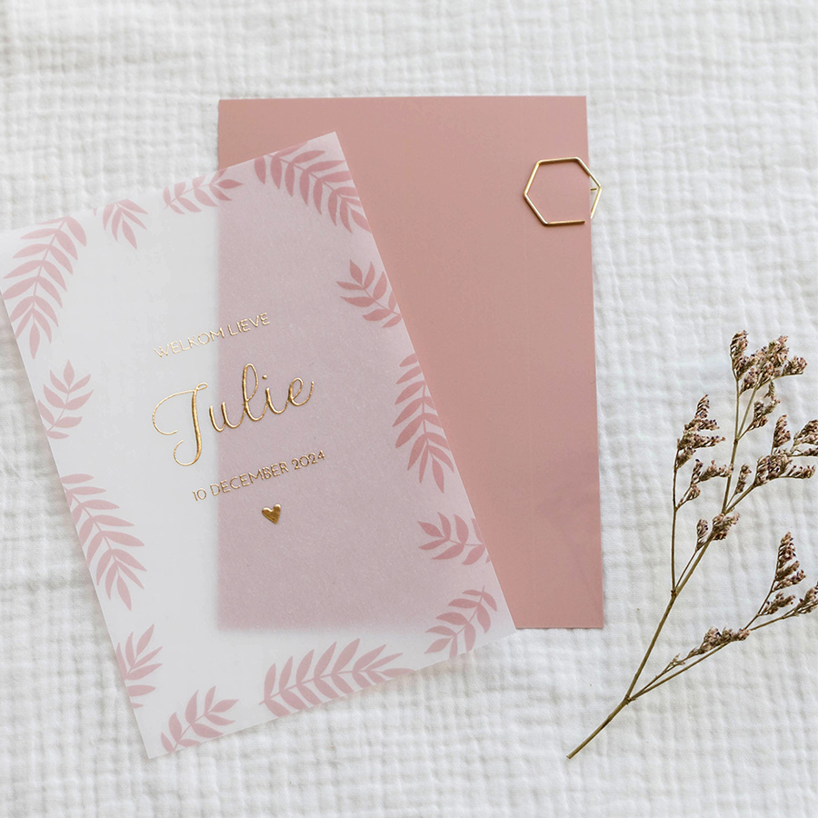 Geboortekaartje kalkpapier achterkaart roze