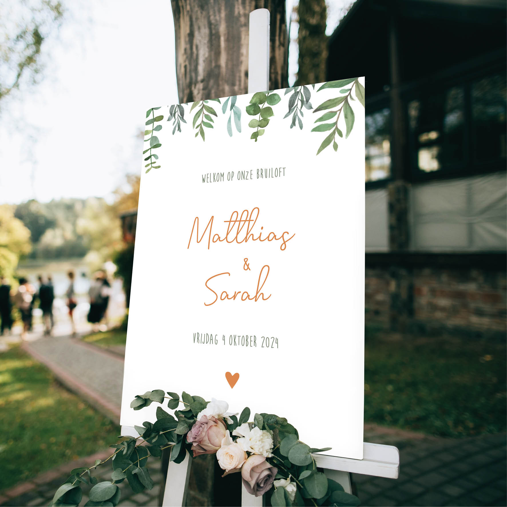 Welkomstbord bruiloft botanisch watercolor takjes koper