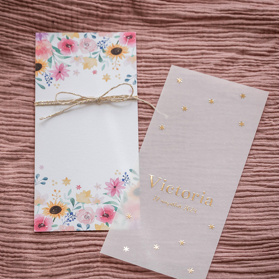 Geboortekaartje kalkpapier achterkaart met watercolor bloemen